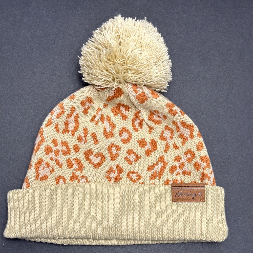 Hurley Women’s/Kids Vermont Pom Beanie Beige and Rust Leopard/Cheetah‎ Print
